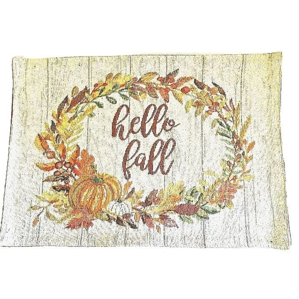 Hello Fall Placemats Tapestry Thanksgiving Pumpkin Floral Wreath 13x18 Set of 4